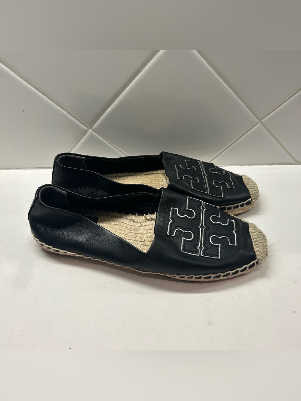 Tory Burch Ines Espadrille Leather Flat Black Silver Shoes US 6